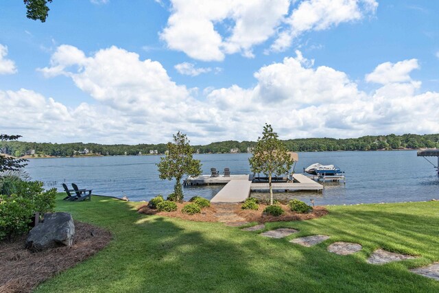 dock area featuring a water view and a yard