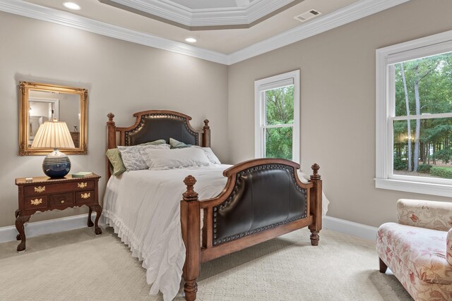 bedroom featuring light carpet and ornamental molding