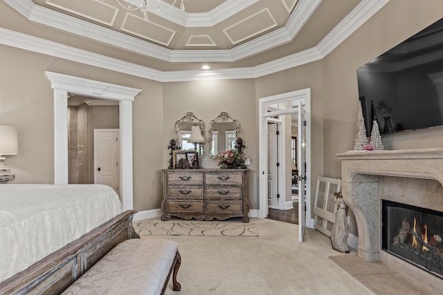 bedroom with a premium fireplace, light colored carpet, and crown molding