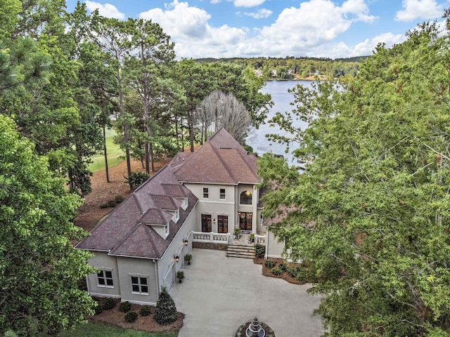 drone / aerial view featuring a water view