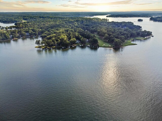 aerial view at dusk featuring a water view