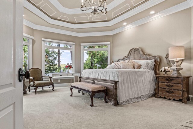 bedroom featuring multiple windows, crown molding, and carpet