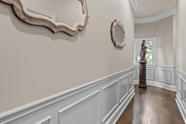 hall with ornamental molding and dark hardwood / wood-style flooring