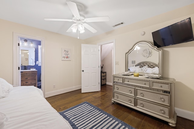 bedroom featuring visible vents, baseboards, ensuite bath, and dark wood finished floors