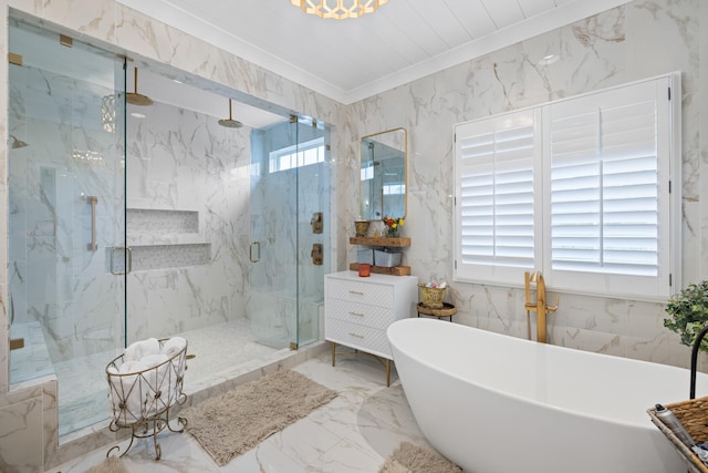 full bathroom with a freestanding tub, a marble finish shower, crown molding, and marble finish floor