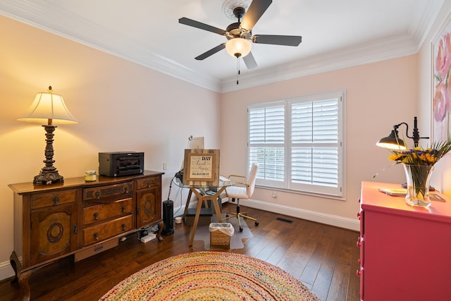 sitting room with ornamental molding, ceiling fan, baseboards, and dark wood finished floors