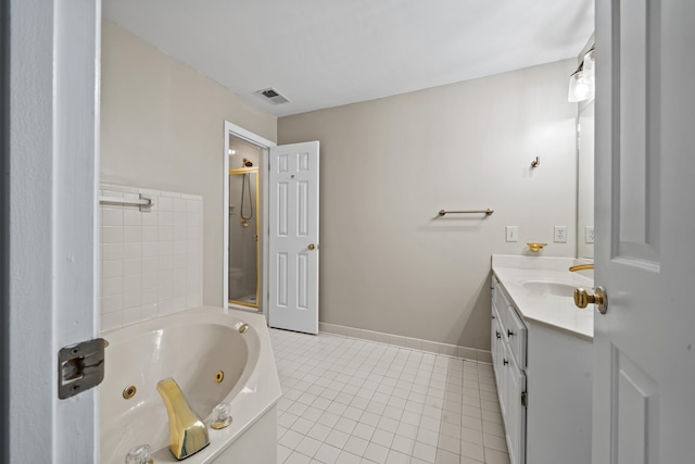 bathroom with vanity, tile patterned floors, and independent shower and bath