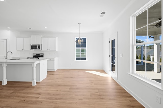 kitchen with appliances with stainless steel finishes, a wealth of natural light, light wood-type flooring, and a sink