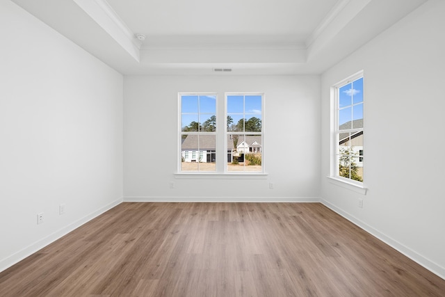 spare room with a tray ceiling, wood finished floors, and baseboards