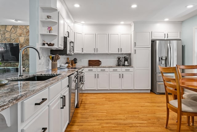 1601 Heidi Trl, Buckhead, GA 30625 - kitchen with stainless steel appliances, a sink, white cabinets, light wood-style flooring, and recessed lighting