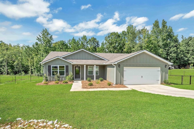 ranch-style home featuring a garage and a front yard