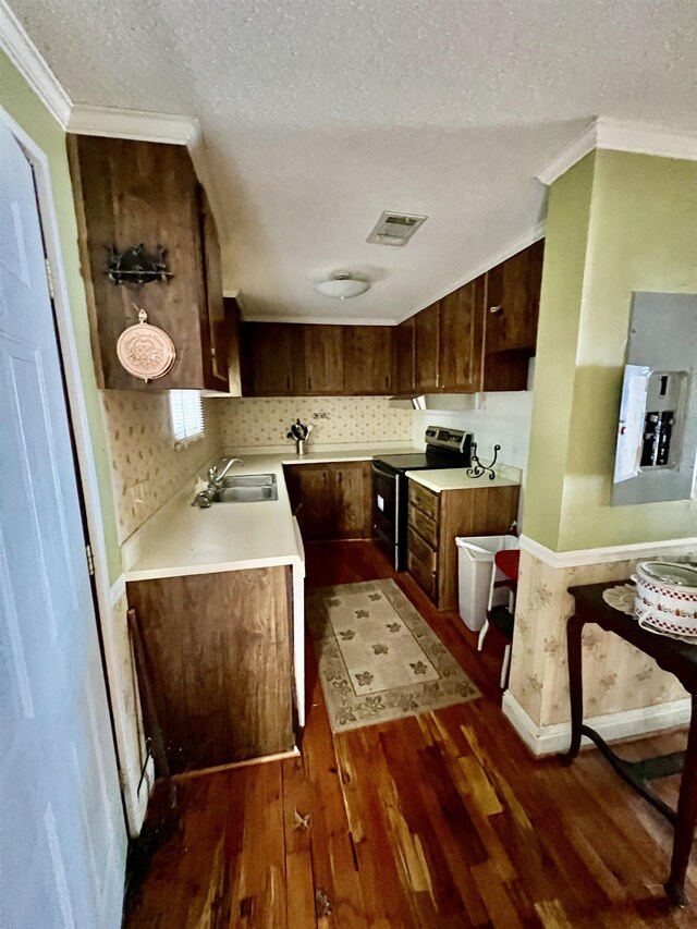 kitchen with sink, a textured ceiling, dark hardwood / wood-style floors, electric panel, and electric stove