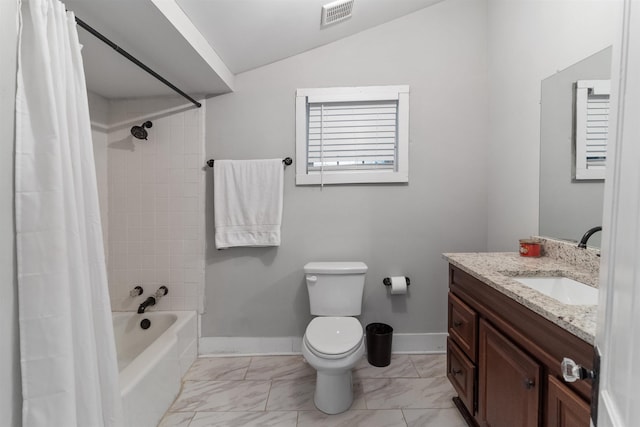 full bathroom with shower / tub combo with curtain, vanity, vaulted ceiling, and toilet