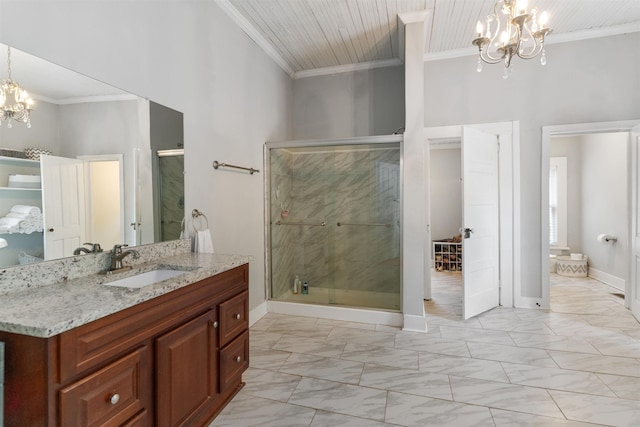 bathroom featuring walk in shower, ornamental molding, and a chandelier