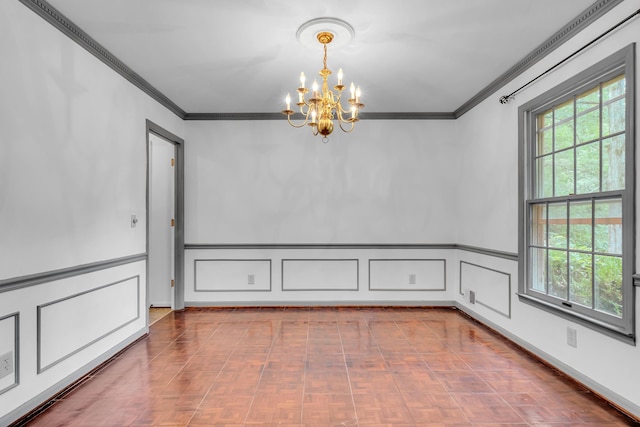 empty room with crown molding, parquet flooring, and a healthy amount of sunlight