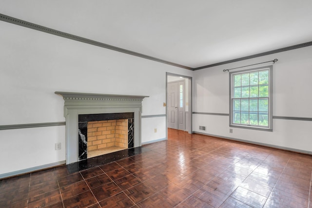 unfurnished living room featuring ornamental molding