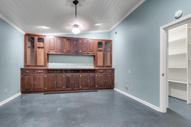 kitchen featuring crown molding, lofted ceiling, and wood ceiling