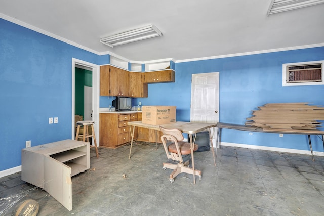 kitchen featuring ornamental molding and an AC wall unit