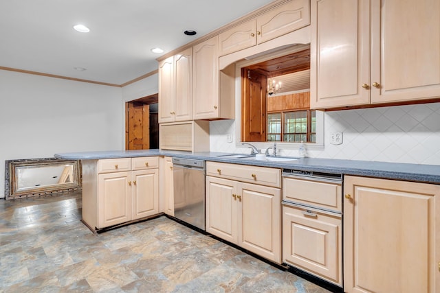 kitchen featuring sink, light brown cabinets, stainless steel dishwasher, ornamental molding, and kitchen peninsula