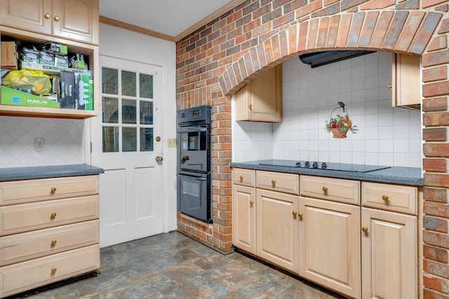 kitchen featuring backsplash, ornamental molding, light brown cabinetry, and black appliances