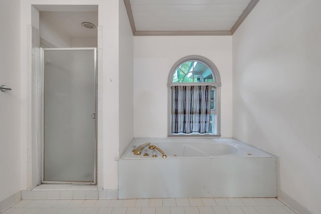 bathroom featuring independent shower and bath and crown molding