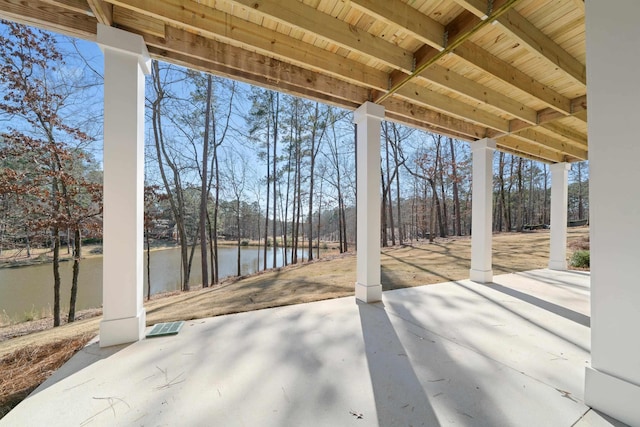 view of patio / terrace featuring a water view