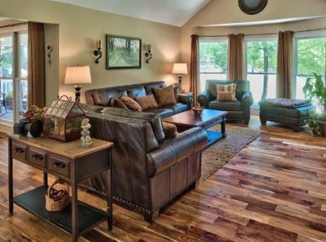 living room featuring wood-type flooring and vaulted ceiling