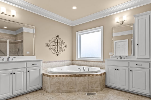 bathroom with tile patterned flooring, crown molding, vanity, and plus walk in shower