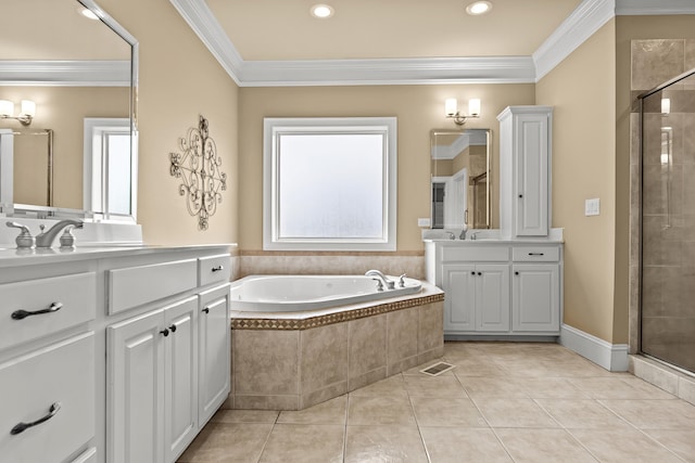 bathroom with independent shower and bath, ornamental molding, tile patterned floors, and vanity