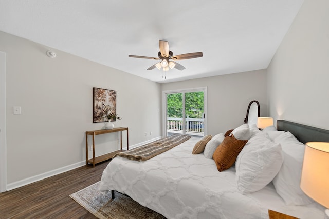 bedroom with a ceiling fan, baseboards, access to outside, and dark wood-style floors