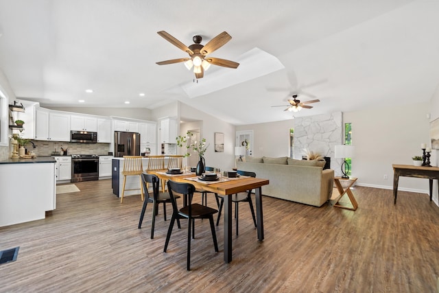 dining space featuring recessed lighting, wood finished floors, visible vents, and a ceiling fan