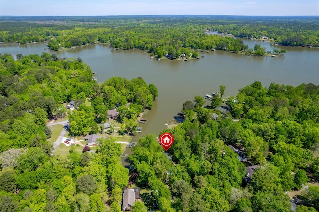 aerial view featuring a wooded view and a water view