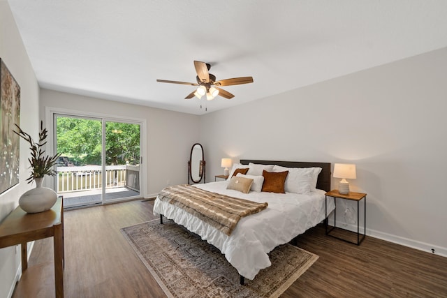 bedroom with ceiling fan, wood finished floors, baseboards, and access to outside