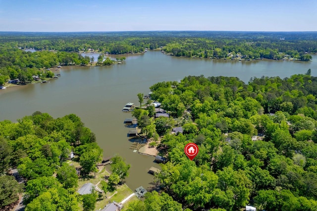 drone / aerial view featuring a wooded view and a water view