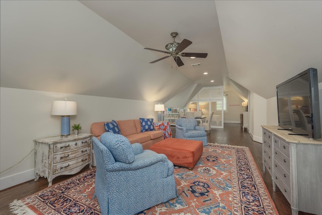 living room featuring lofted ceiling, dark hardwood / wood-style floors, and ceiling fan