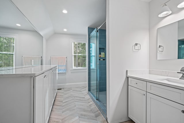 1101 Brookside, Greensboro, GA 30642 - full bath featuring a shower stall, vaulted ceiling, recessed lighting, and vanity