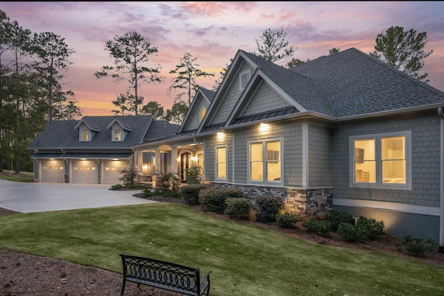 1101 Brookside, Greensboro, GA 30642 - craftsman house featuring stone siding, an attached garage, roof with shingles, driveway, and a yard