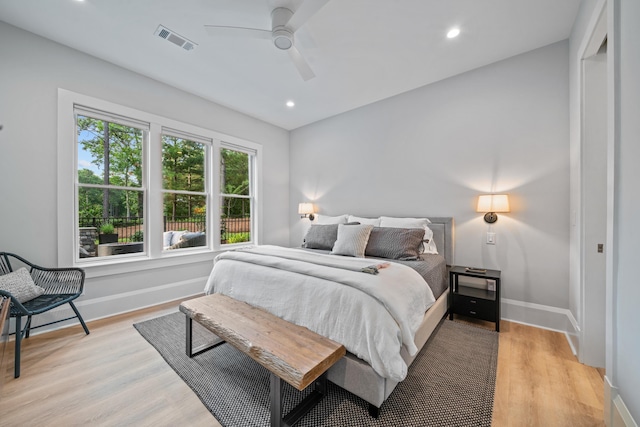 1101 Brookside, Greensboro, GA 30642 - bedroom featuring visible vents, light wood finished floors, baseboards, recessed lighting, and a ceiling fan