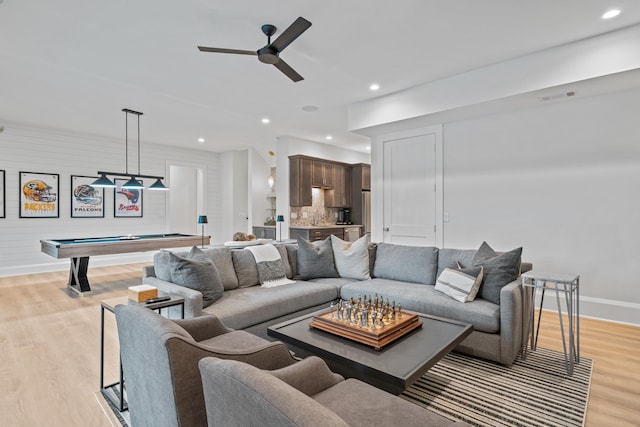 1101 Brookside, Greensboro, GA 30642 - living area with recessed lighting, light wood-type flooring, baseboards, a ceiling fan, and billiards