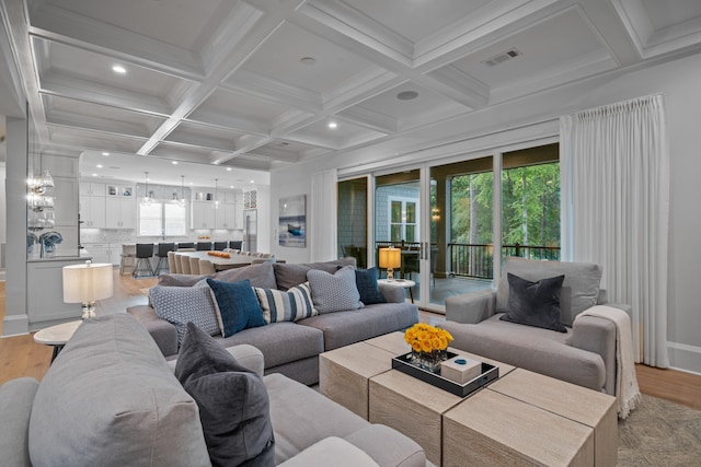 1101 Brookside, Greensboro, GA 30642 - living room with coffered ceiling, light wood-type flooring, recessed lighting, beam ceiling, and visible vents