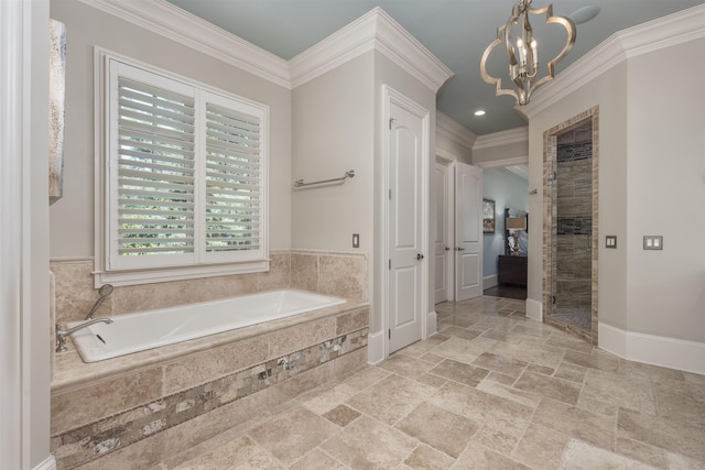 1071 Palmers Vw, Greensboro, GA 30642 - full bathroom featuring a bath, stone tile flooring, ornamental molding, and a stall shower