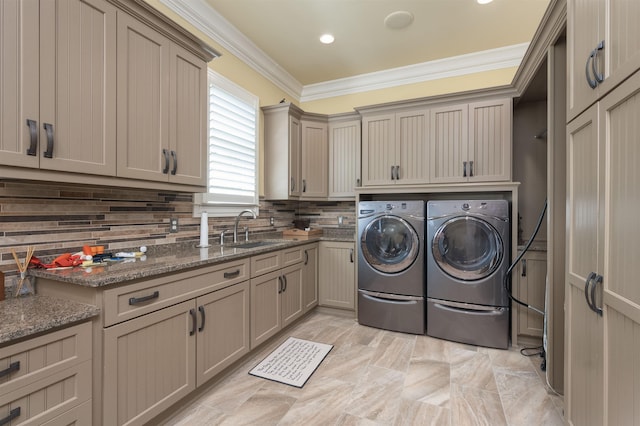1071 Palmers Vw, Greensboro, GA 30642 - laundry area featuring marble finish floor, ornamental molding, a sink, washer and dryer, and cabinet space