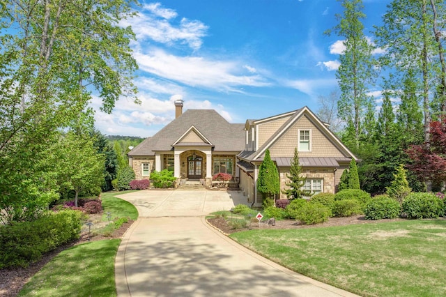 1071 Palmers Vw, Greensboro, GA 30642 - craftsman-style home featuring a chimney, a front lawn, a standing seam roof, and french doors
