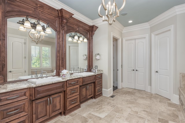 1071 Palmers Vw, Greensboro, GA 30642 - bathroom with crown molding, baseboards, a notable chandelier, and a sink