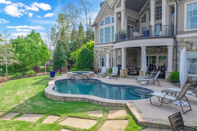 1071 Palmers Vw, Greensboro, GA 30642 - view of swimming pool with a fenced in pool, a ceiling fan, fence, an in ground hot tub, and a patio