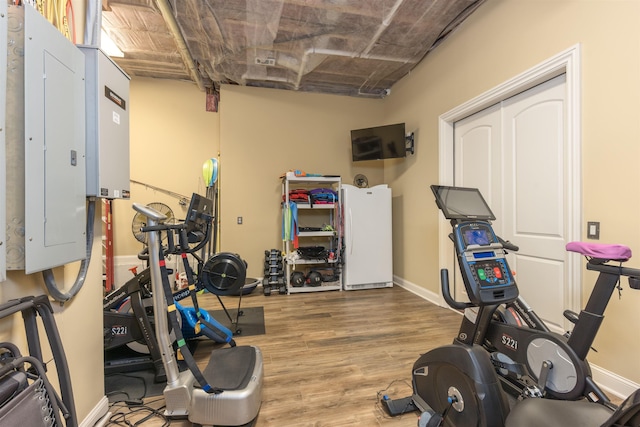1071 Palmers Vw, Greensboro, GA 30642 - exercise area featuring baseboards, wood finished floors, and electric panel