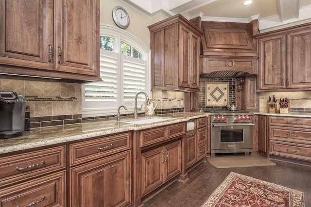 1071 Palmers Vw, Greensboro, GA 30642 - kitchen featuring crown molding, a sink, premium range, backsplash, and light stone countertops