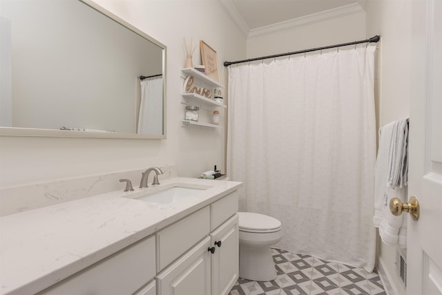 1040 Kimbrough Hill Ln, Greensboro, GA 30642 - bathroom with ornamental molding, toilet, vanity, tile patterned floors, and curtained shower