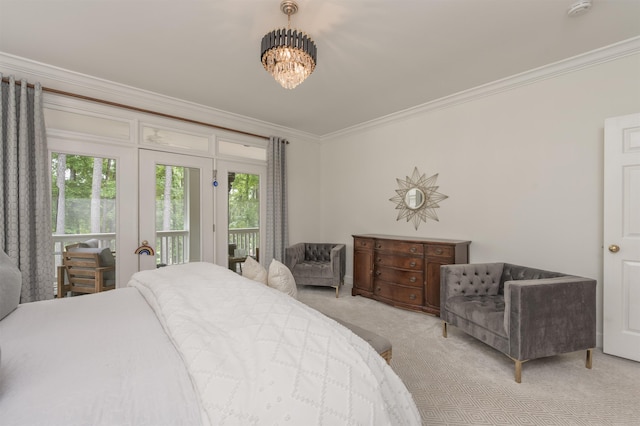 1040 Kimbrough Hill Ln, Greensboro, GA 30642 - bedroom with crown molding, light colored carpet, access to outside, french doors, and a chandelier