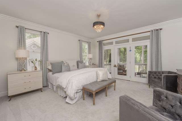 1040 Kimbrough Hill Ln, Greensboro, GA 30642 - bedroom featuring ornamental molding, access to exterior, french doors, multiple windows, and light carpet